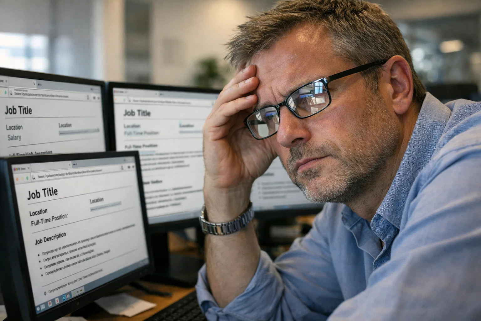 Recruiter reviewing multiple job board listings, highlighting the cost of relying on job boards.