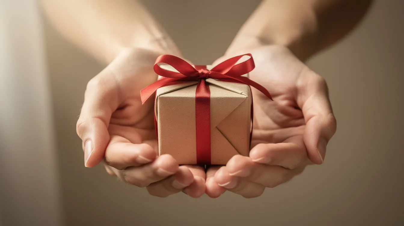 The image depicts open hands gently cradling a small gift, symbolizing the spirit of charitable giving. This representation highlights the importance of generosity, akin to making tax-deductible contributions to retirement accounts like a traditional or Roth IRA, which can ultimately benefit both the giver and the recipient.