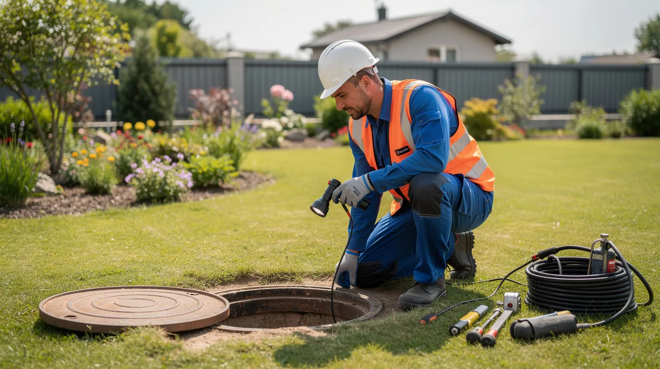 Un technicien en tenue de travail inspecte un regard enterré dans un jardin, vérifiant le bon fonctionnement d'un système d'assainissement non collectif. Ce processus est essentiel pour le traitement des eaux usées et la prévention des mauvaises odeurs dans l'habitation.