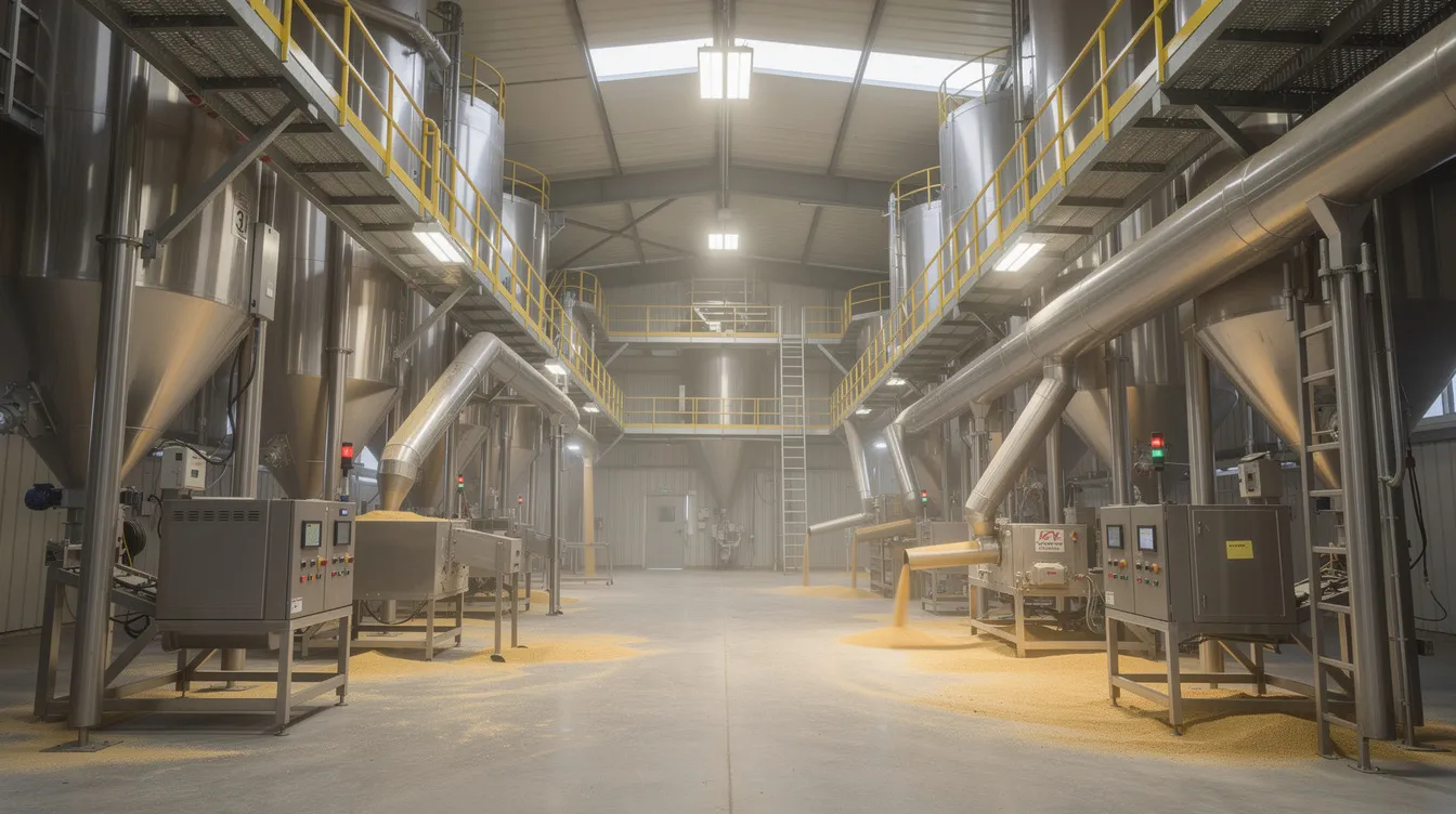 The image depicts the interior of a large industrial grain processing facility, featuring advanced steel equipment, conveyors, and silos designed for besan manufacturing. This modern besan mill plant emphasizes high efficiency and strict quality standards in the production process of gram flour, ensuring consistent quality and premium output capacity.
