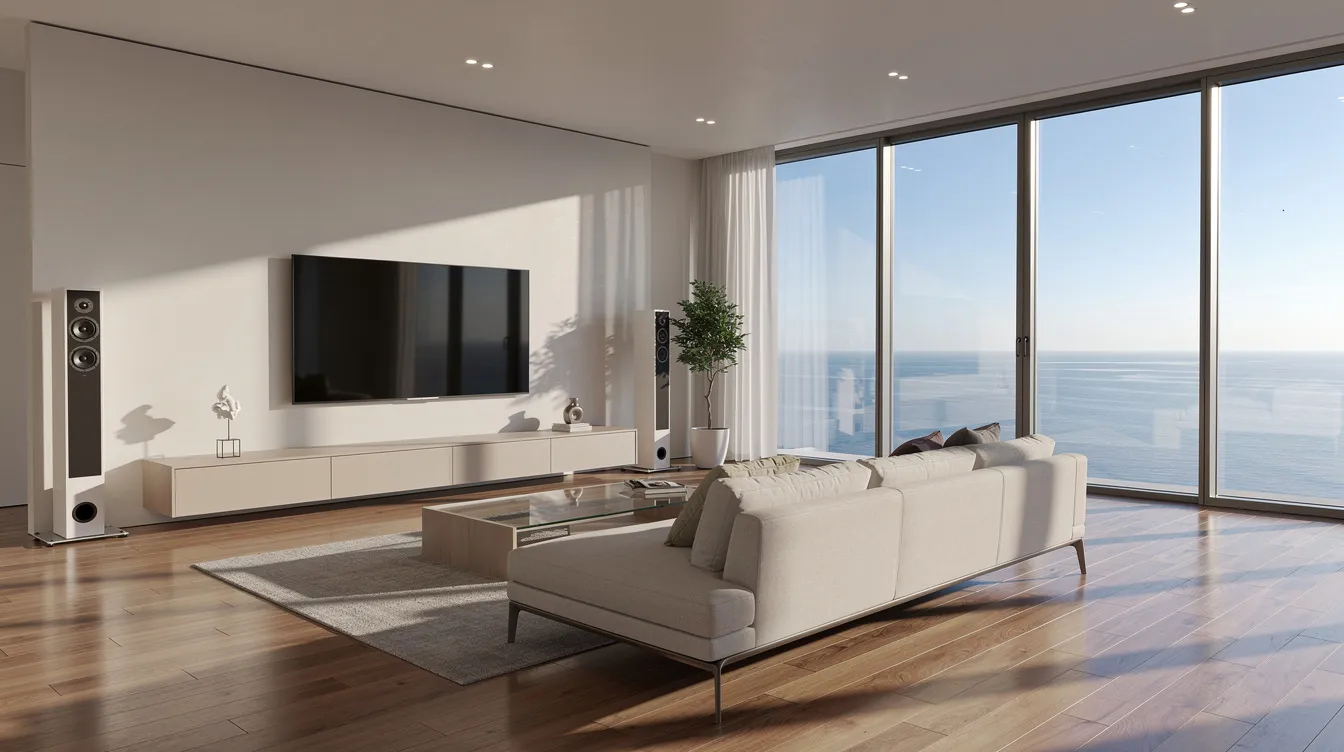 A modern living room features a wall-mounted TV with concealed cables, offering a clean aesthetic, while large windows reveal a stunning ocean view. This space is perfect for enjoying entertainment, and for those in need of dstv installation services or signal repairs, professional dstv installers can ensure optimal reception.