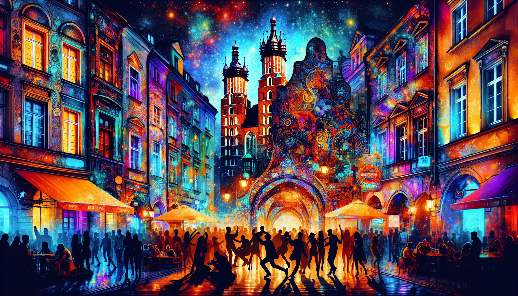 Eine lebendige Illustration des Nachtlebens in Krakau mit Musikclubs und Bars.