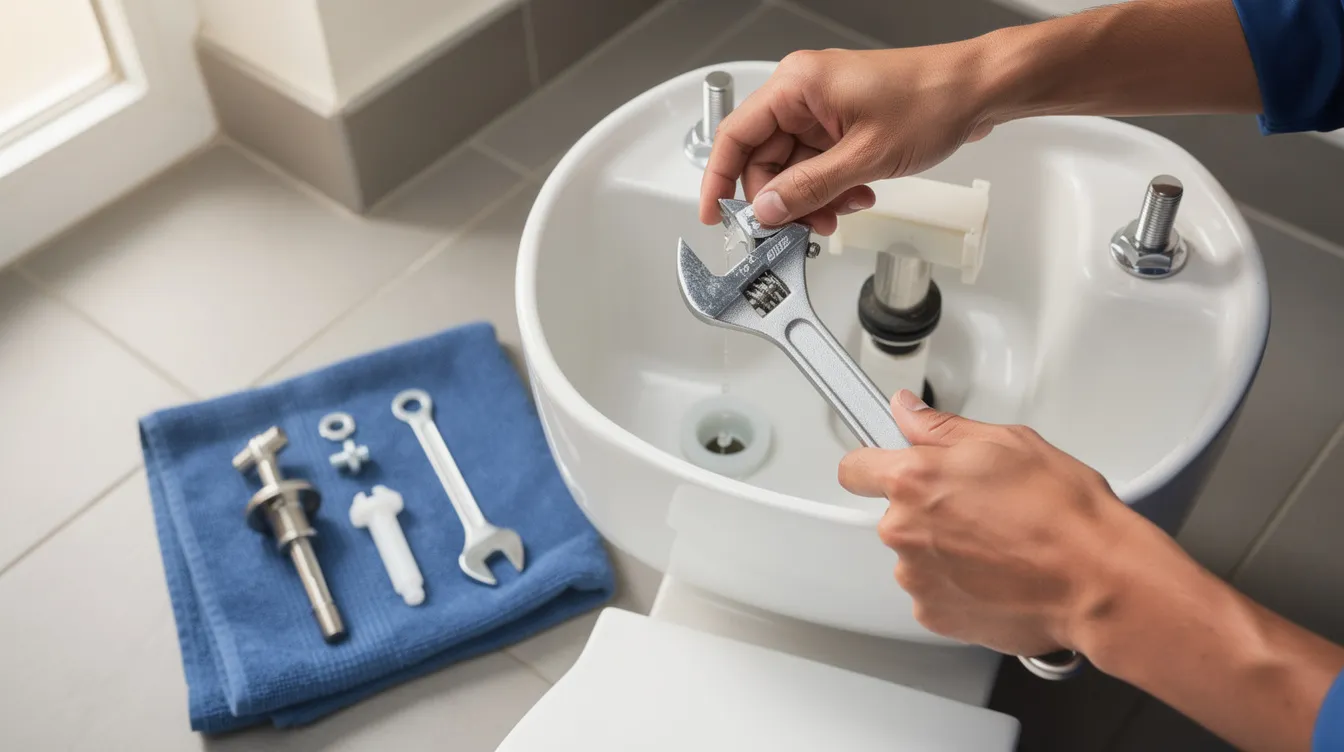 A close-up image shows a professional plumber's hands skillfully repairing a toilet tank mechanism, with a wrench and replacement parts laid out nearby, highlighting the expertise involved in plumbing repair services. The scene emphasizes the importance of reliable repairs in maintaining a home's plumbing system.