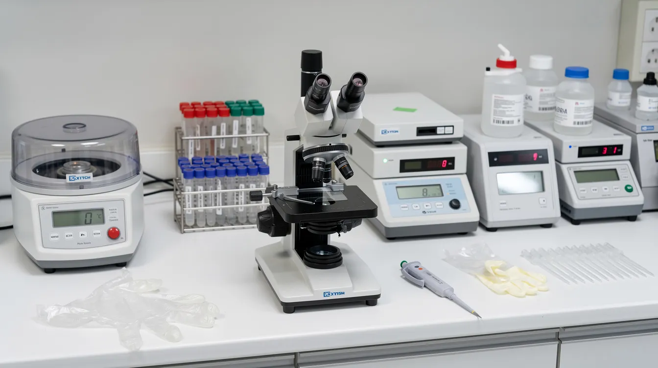 4459aa8f 52da 4270 9226 6a56d9a321a3 A laboratory bench is equipped with essential medical instruments including a microscope, centrifuge, and small analyzers, all arranged for efficient use in a pathology lab setting. This setup highlights the cutting-edge technology used by medical professionals for microscopic examination and diagnostic purposes.