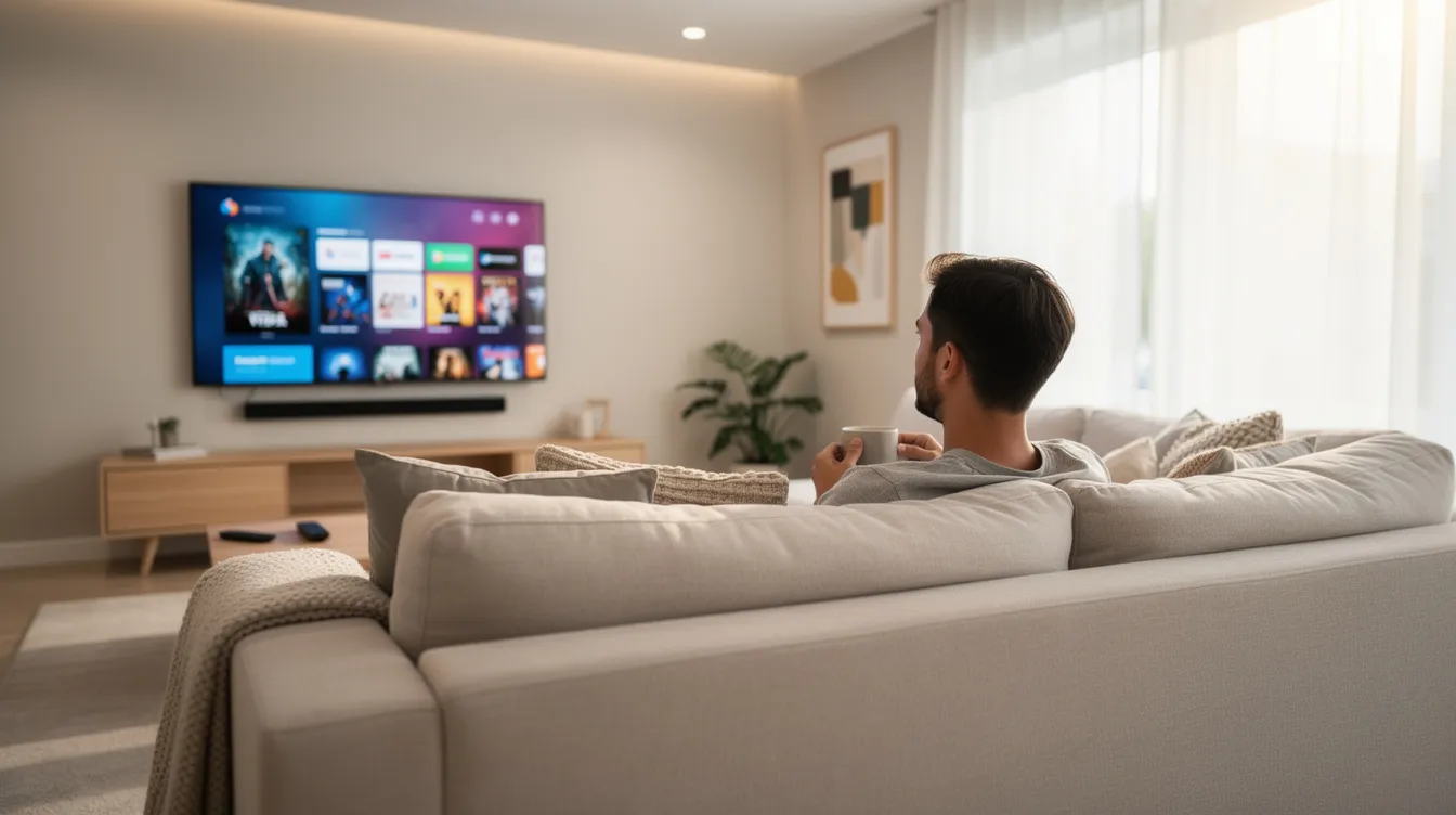 A person is comfortably lounging on a couch in a bright living room, watching a large modern smart TV that displays various live TV channels and on-demand content. The scene captures a relaxed atmosphere, ideal for enjoying high-quality streaming and premium entertainment options.
