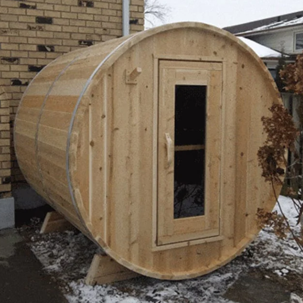 An image of Dundalk LeisureCraft Harmony barrel saunas that can seat up to 4 people from Airpuria.