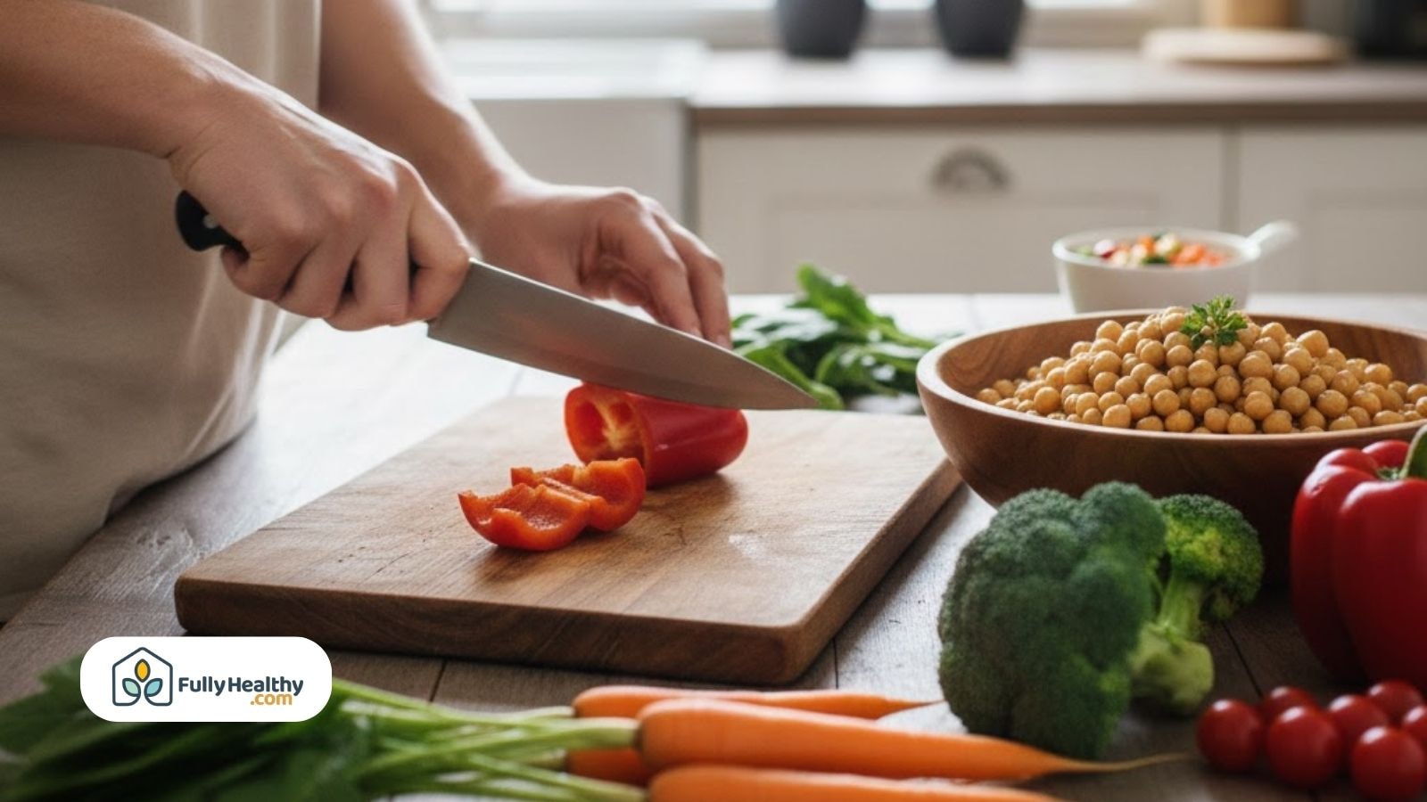 Person chopping red bell pepper on a cutting board next to a bowl of chickpeas and fresh vegetables.