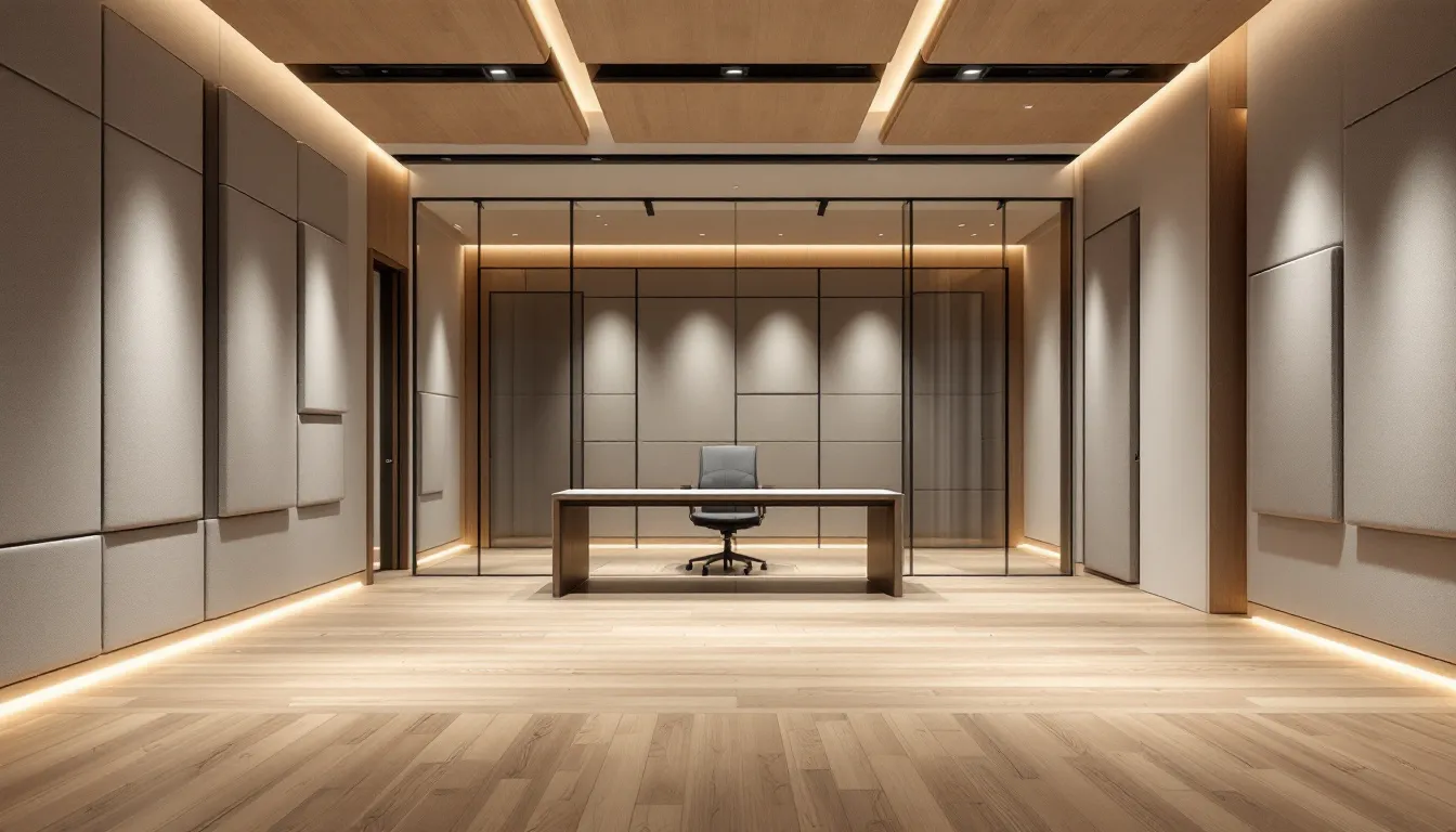 An interior of a recording studio featuring acoustic materials for sound quality.