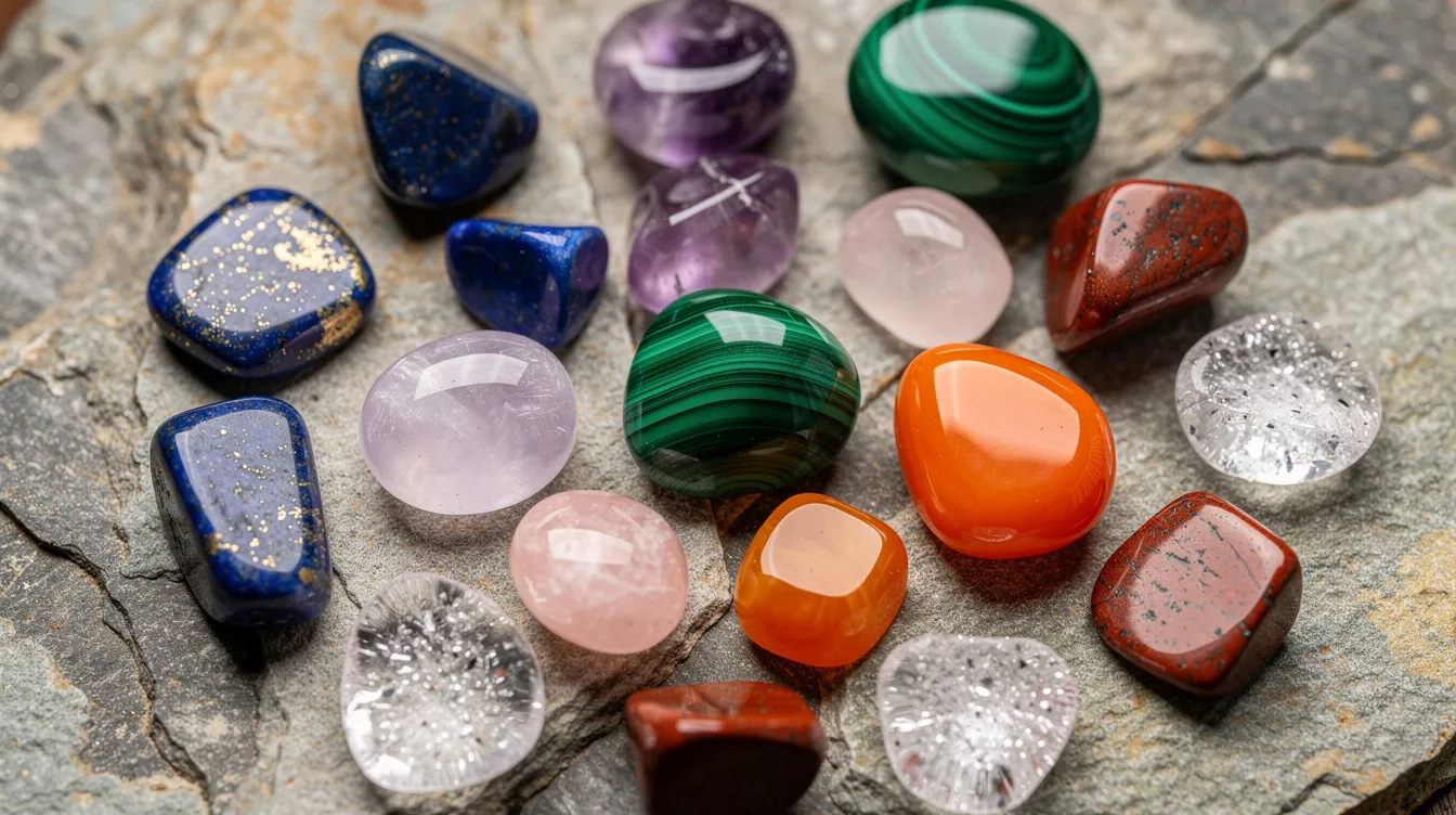An assortment of colorful polished gemstones, including shades of blue, green, and purple, is beautifully arranged on a natural stone surface. These vibrant stones represent various zodiac birthstones, reflecting the unique qualities and healing properties associated with each astrological sign.