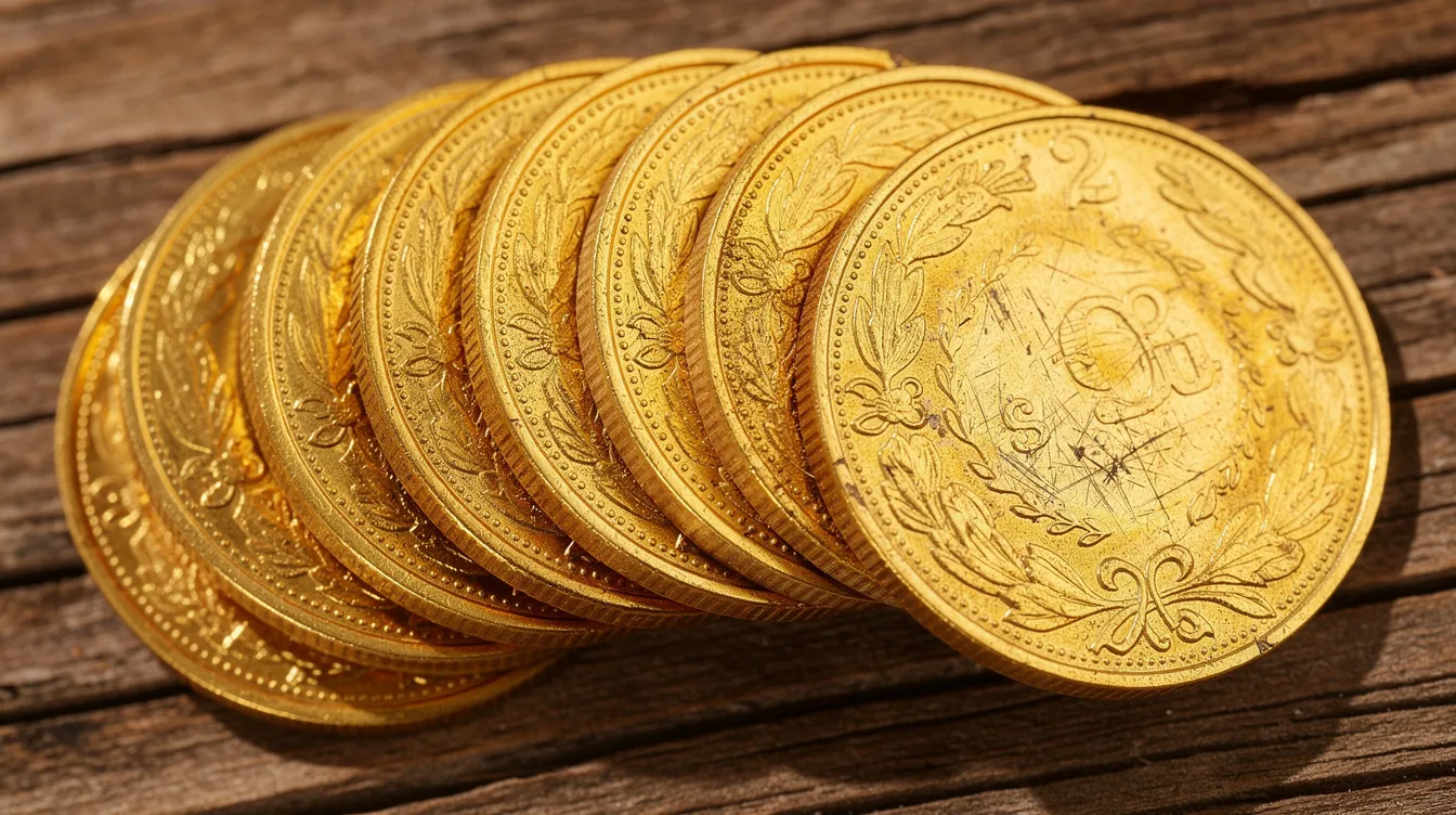 A close-up photograph showcases several gold coins fanned out on a wooden surface, highlighting their shiny surfaces and intricate designs. This image represents precious metals like gold bullion, which can be a valuable addition to an investment portfolio for those looking to buy precious metals.