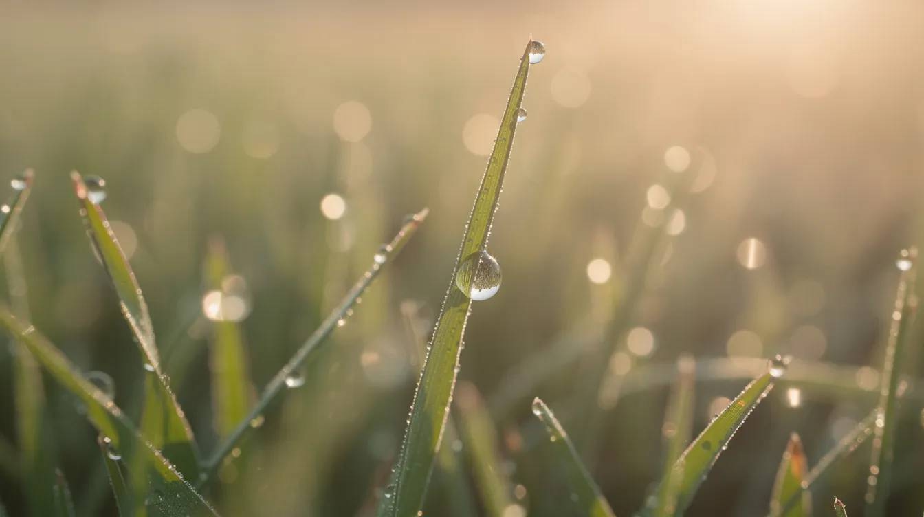 A close-up image shows morning dew droplets glistening on vibrant green grass blades, illuminated by sunlight filtering through. This serene scene captures the essence of a healthy lawn, highlighting the beauty of wet grass in the early morning.