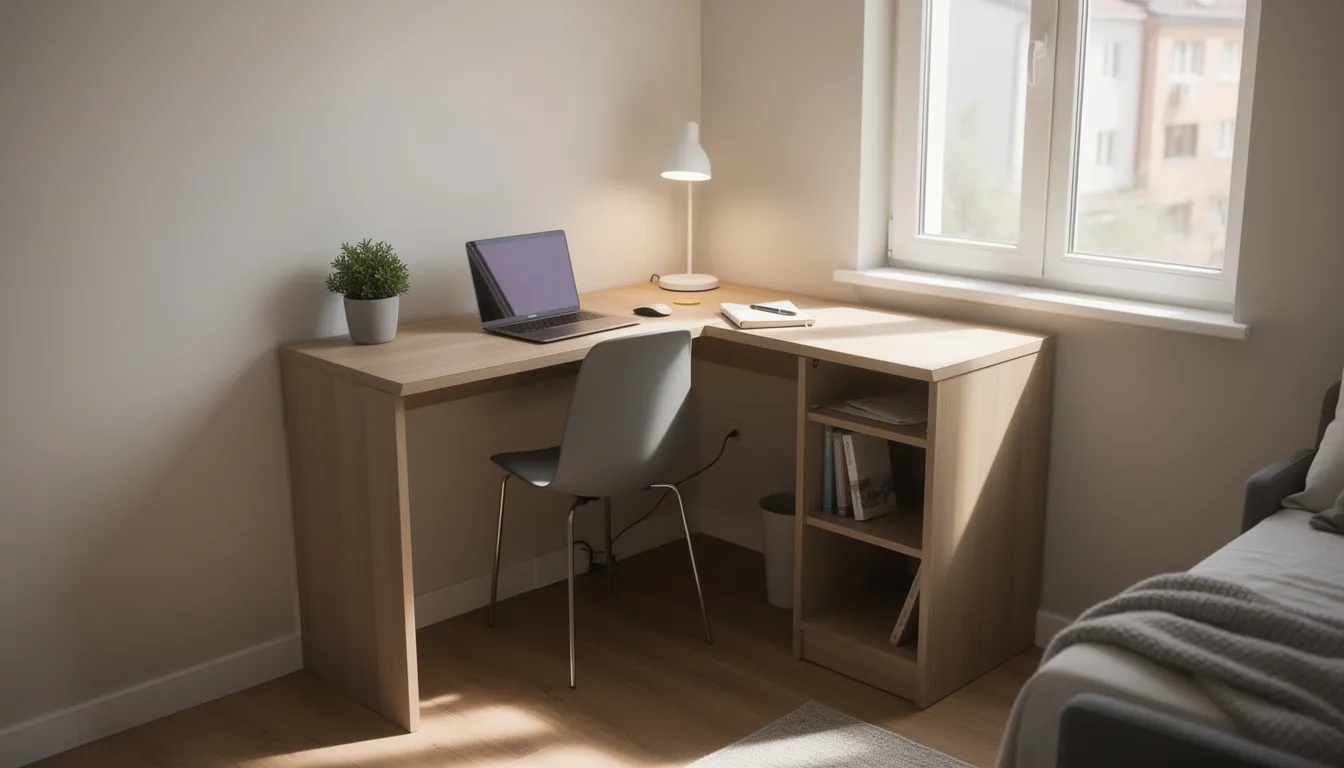 The image features a compact L-shaped desk positioned in a small apartment corner, with a nearby window allowing natural light to illuminate the workspace. This stylish office furniture setup promotes organization and productivity, making it an ideal home office solution for maximizing space.