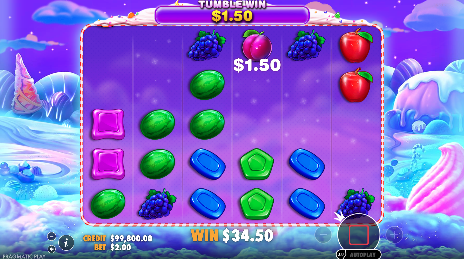 Tumble Feature in Sweet Bonanza waarbij winnende symbolen verdwijnen en nieuwe symbolen naar beneden vallen.
