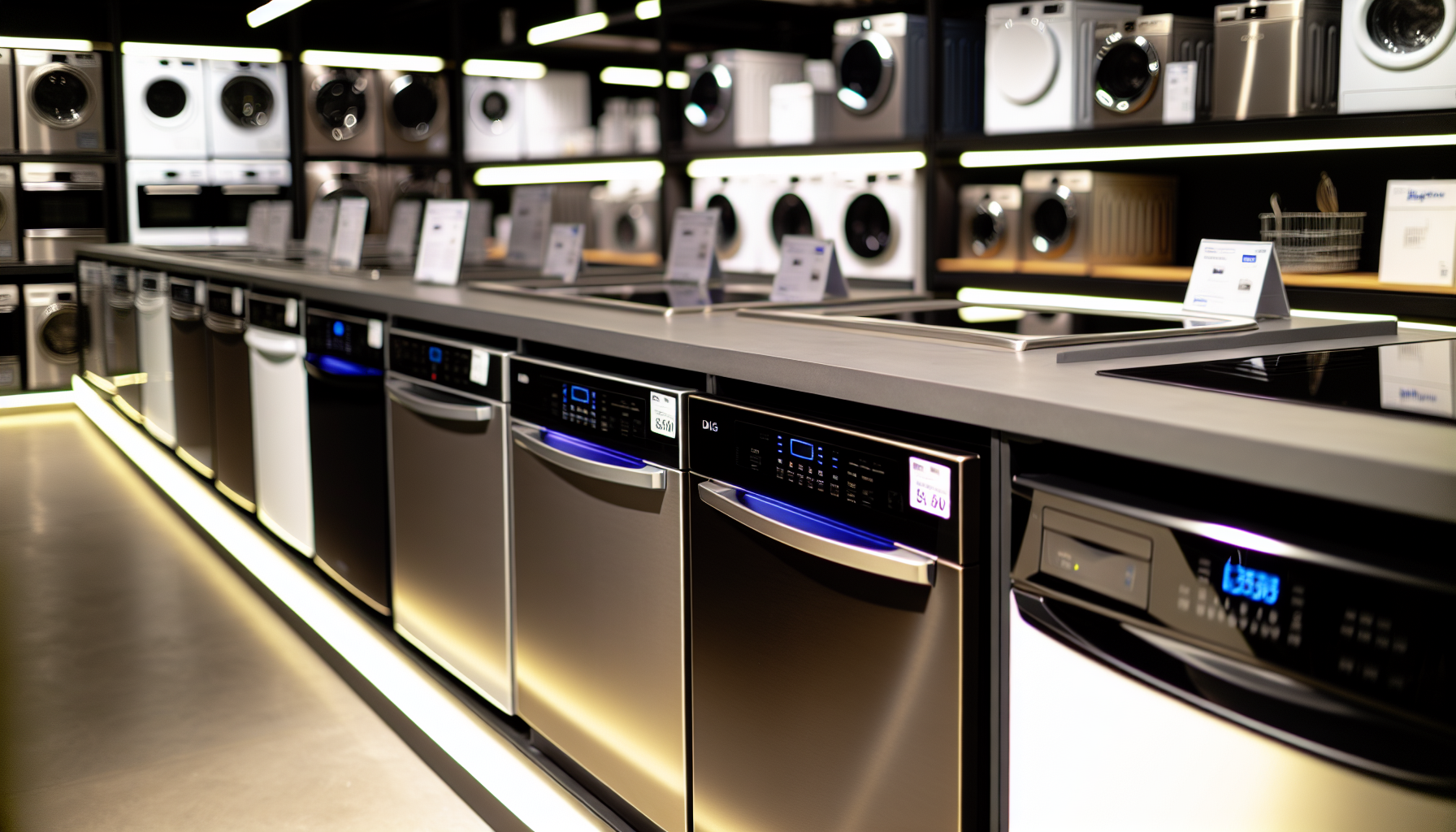 Various dishwasher models lined up in a row