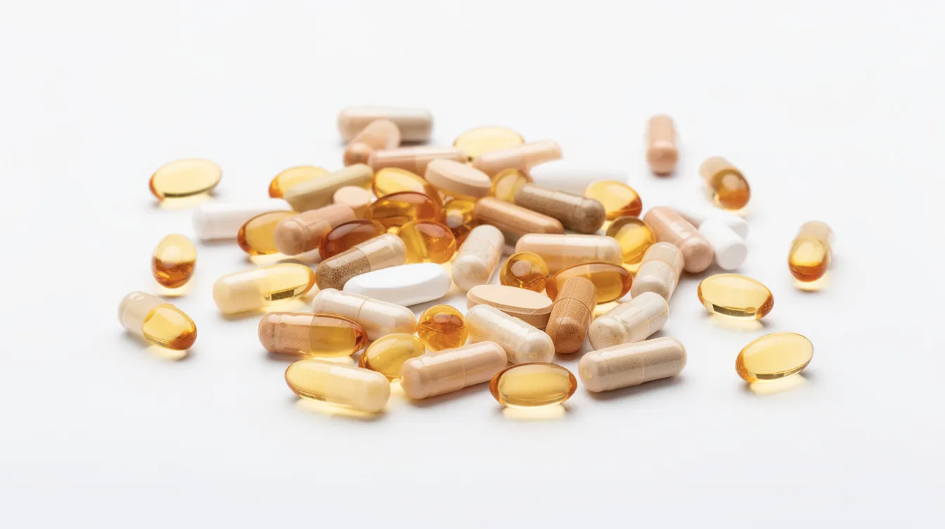 The image displays an assortment of supplement capsules and fish oil softgels neatly arranged on a clean white surface, highlighting various health supplements that may support cognitive function, brain aging, and overall wellness. Among these, fish oil supplements are prominent, known for their omega-3 fatty acids, which offer beneficial effects for heart health and inflammation reduction.