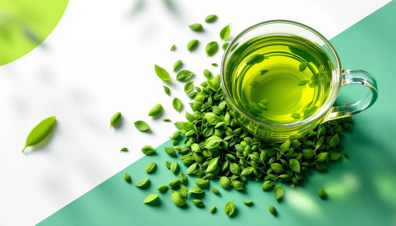 An assortment of green tea leaves and brewed green tea in a cup, showcasing the essence of green tea extract.