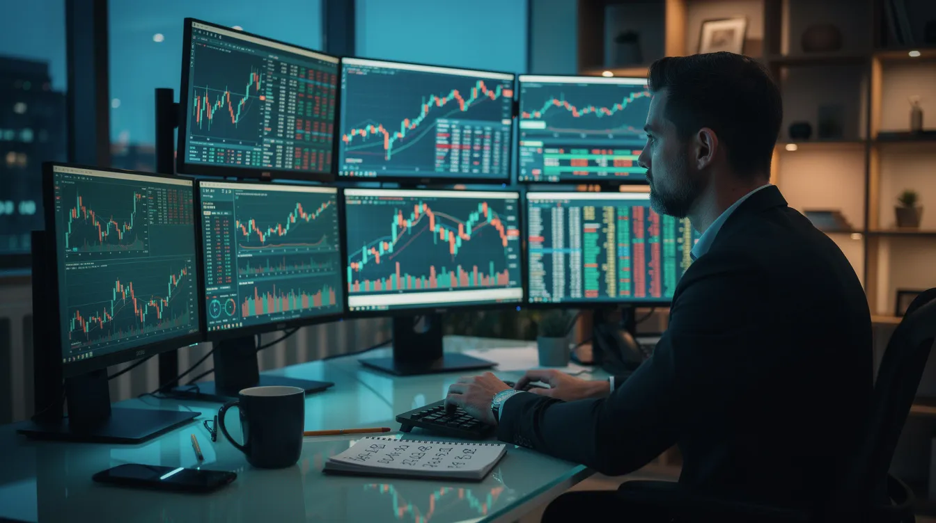 A financial analyst is seated in a dimly lit office, intently reviewing various charts and data displayed across multiple computer screens. The scene reflects the analytical work involved in private equity and venture capital, as the analyst assesses financial statements and company valuations to inform investment strategies.