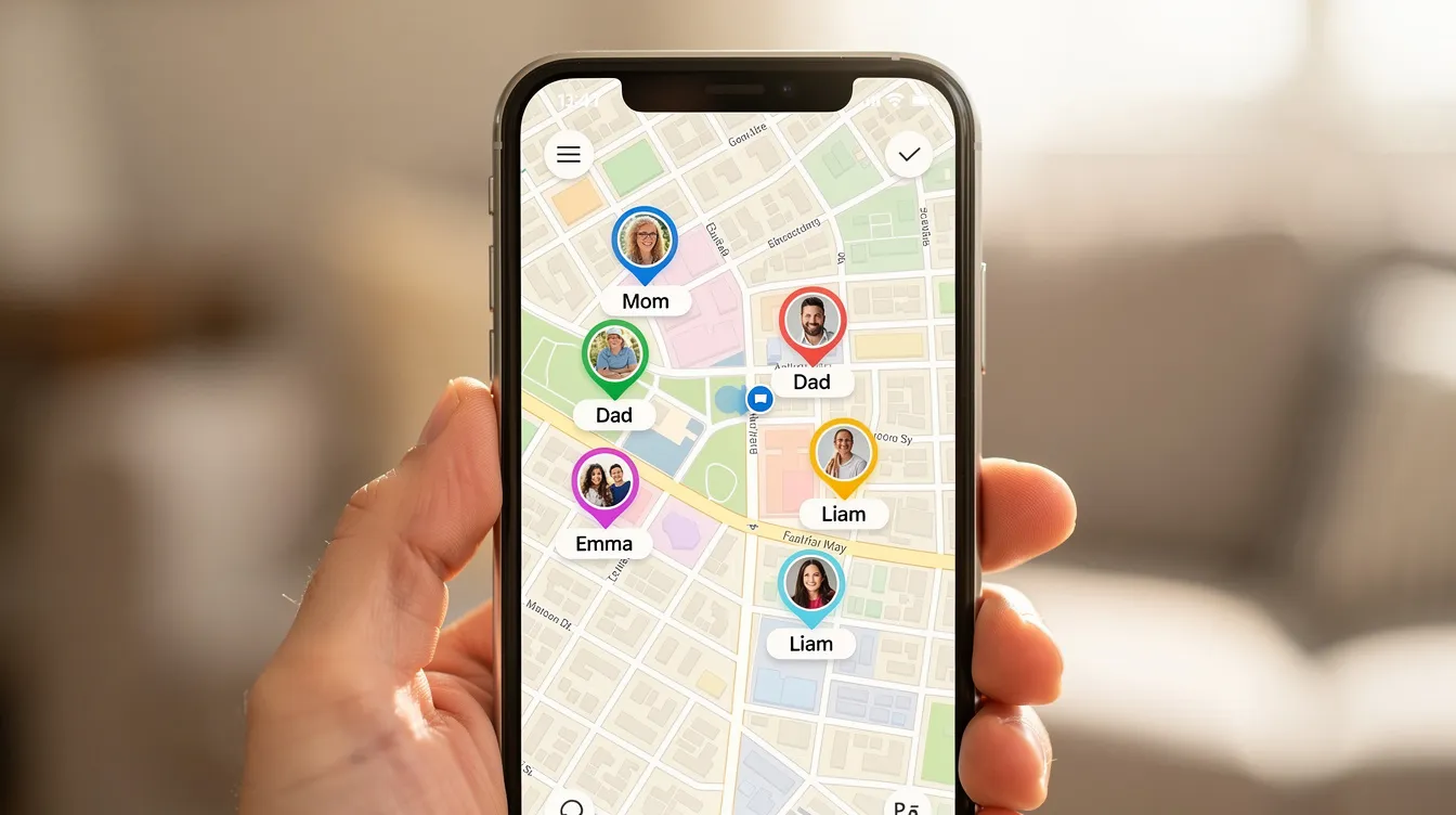 A smartphone screen displays a detailed map with multiple location pins, each representing family members, highlighting the use of GPS tracking technology for real-time tracking and location data transmission. This image illustrates how GPS tracking devices can help families stay connected and monitor their loved ones' whereabouts accurately.