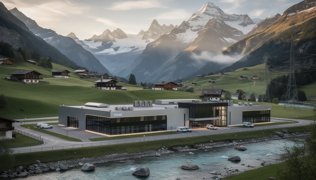 Die Abbildung zeigt eine malerische Schweizer Berglandschaft mit schneebedeckten Gipfeln im Hintergrund und einem modernen Rechenzentrum im Tal, das für Unternehmen und deren KI-Systeme konzipiert ist. Diese Infrastruktur steht im Einklang mit den Anforderungen der Datenschutzgrundverordnung (DSGVO) und bietet einen sicheren Raum für die Verarbeitung personenbezogener Daten.