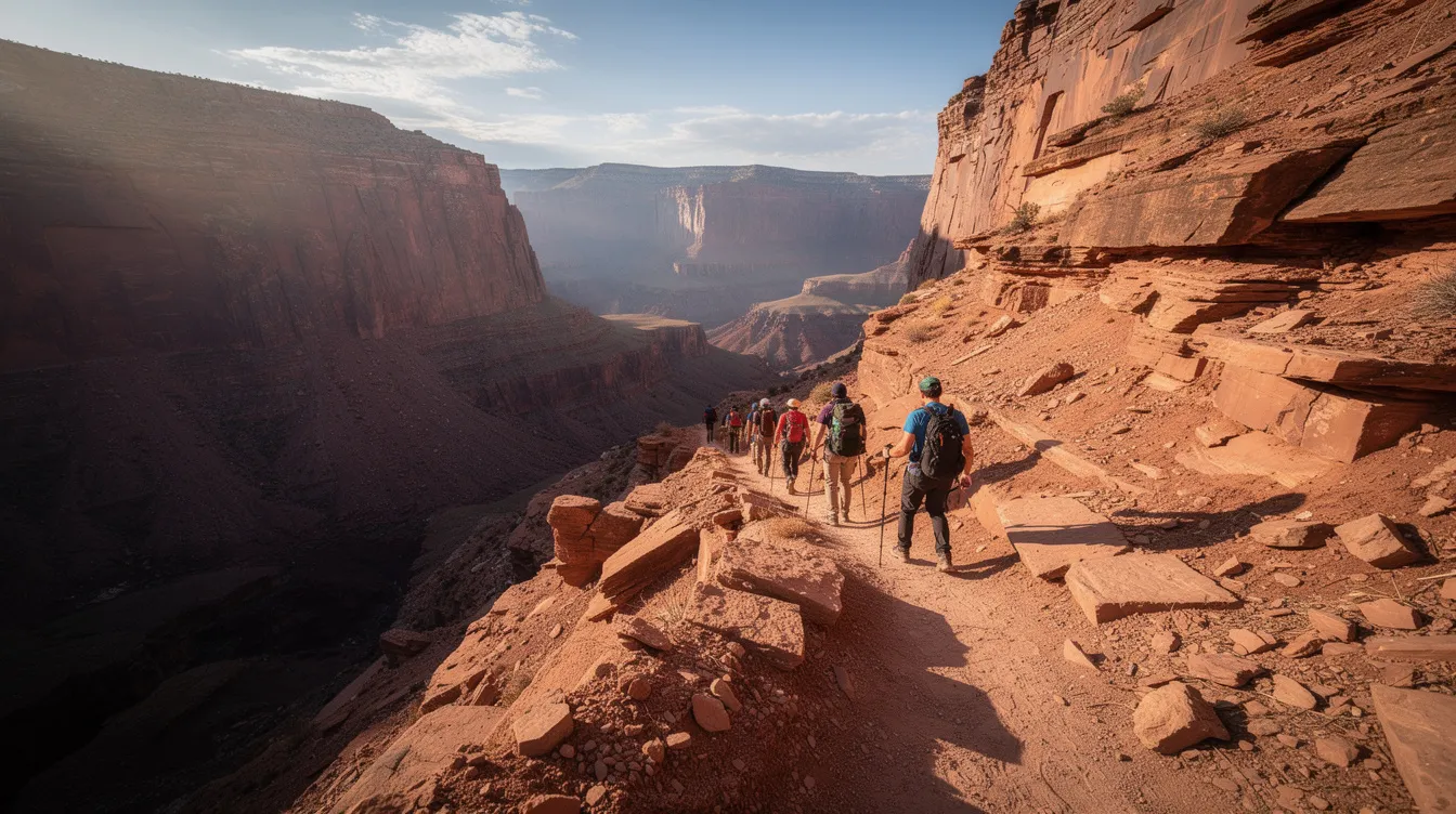 A group of hikers is seen ascending a steep sandstone trail at Zion National Park, with breathtaking views of the canyon in the background. This challenging hike towards Angels Landing offers stunning vistas, making it a popular choice for those looking to secure permits through the seasonal lottery system.