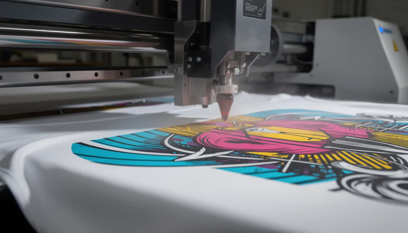 Se muestra una vista detallada de una máquina de impresión por sublimación, aplicando gráficos vibrantes a la tela blanca de una camiseta de fútbol, lo que resalta los intrincados detalles que implica la creación de equipaciones de fútbol personalizadas. Este proceso garantiza que las camisetas queden totalmente sublimadas con los colores y logotipos del club, lo que resulta perfecto para personalizar nuevas equipaciones.