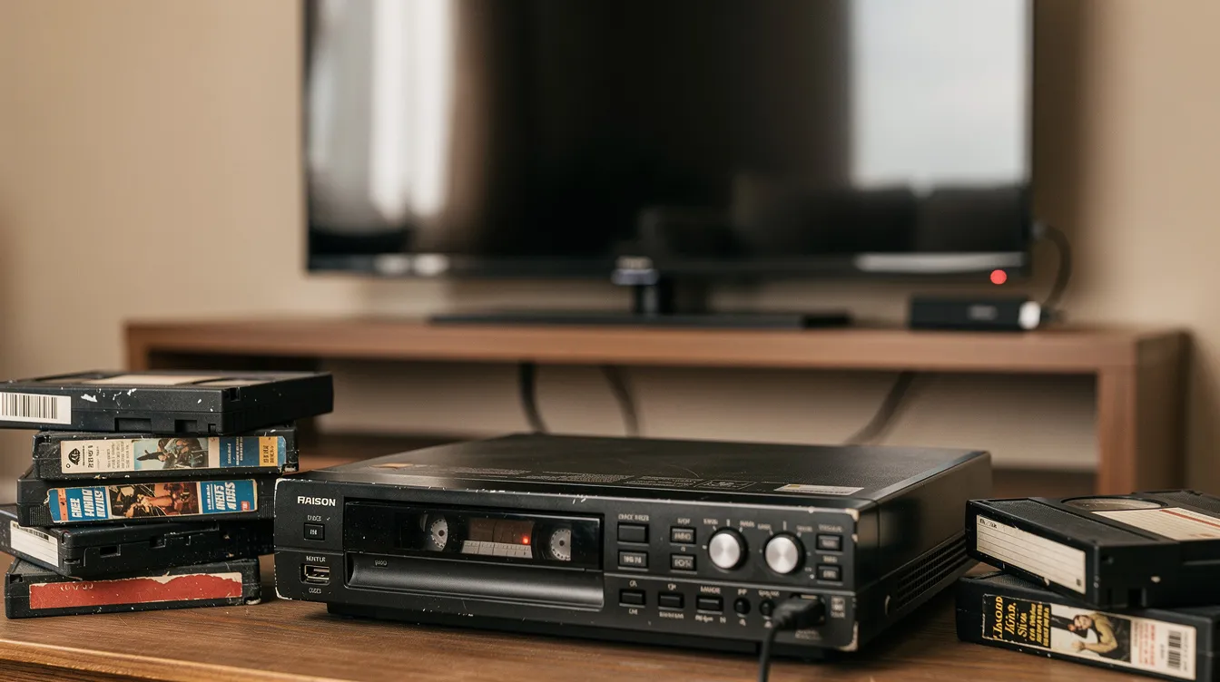 Ein alter VHS-Videorekorder steht neben mehreren Videokassetten, während im Hintergrund ein moderner Streaming-Stick an einem Flachbildfernseher angeschlossen ist. Diese Kombination aus traditioneller und zeitgenössischer Medien-Technologie zeigt den Wandel in der Art und Weise, wie Zuschauer Inhalte konsumieren, von linearer zu nicht-linearer Betrachtung.