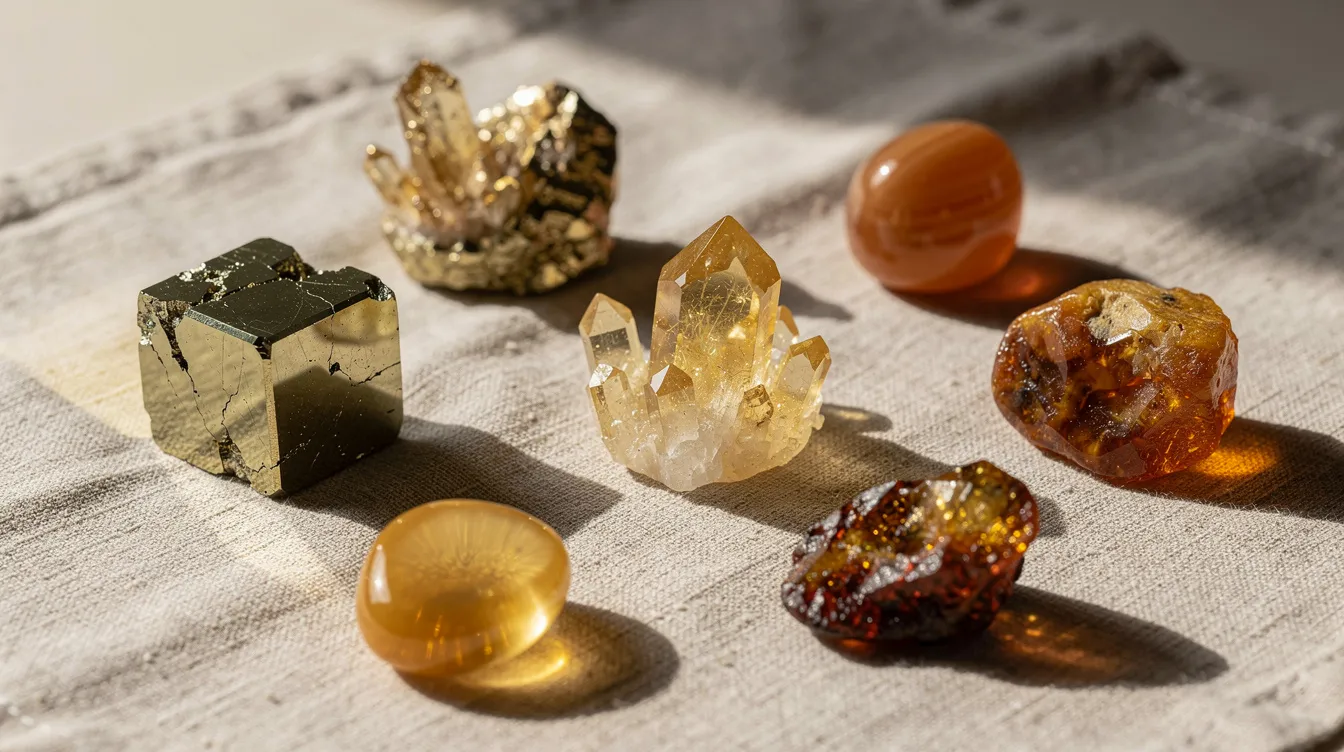 An arrangement of various golden crystals, including shimmering Pyrite cubes, polished Citrine, and raw Amber, is displayed on a natural linen background. These crystals are believed to possess healing properties and can enhance positive energy, making them ideal for emotional healing and spiritual growth.