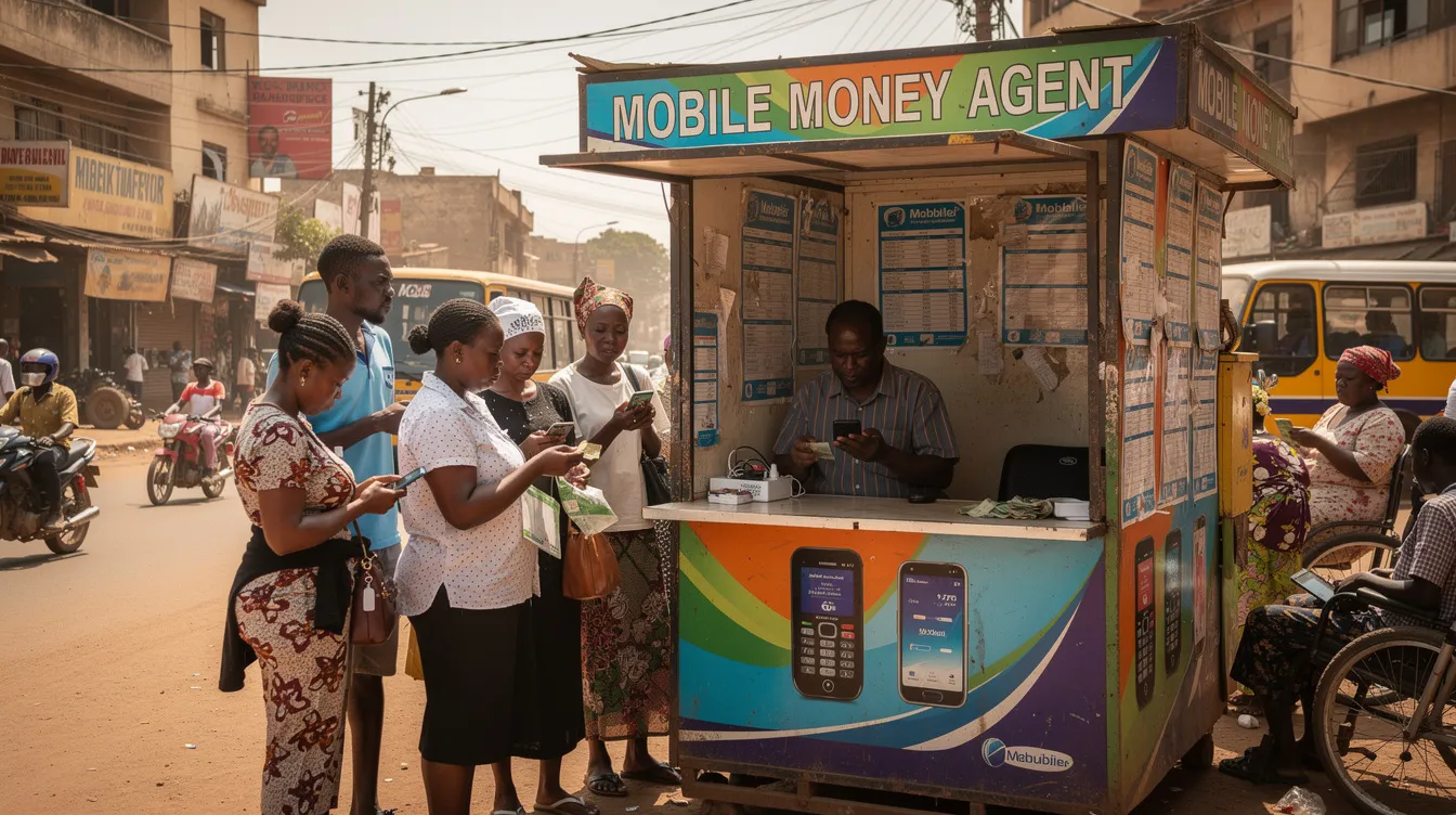 The image depicts a bustling mobile money agent kiosk on an African street, where several customers are waiting in line to complete their digital payments and manage money through mobile wallets. The scene highlights the importance of mobile money platforms in facilitating everyday transactions and financial inclusion in the community.
