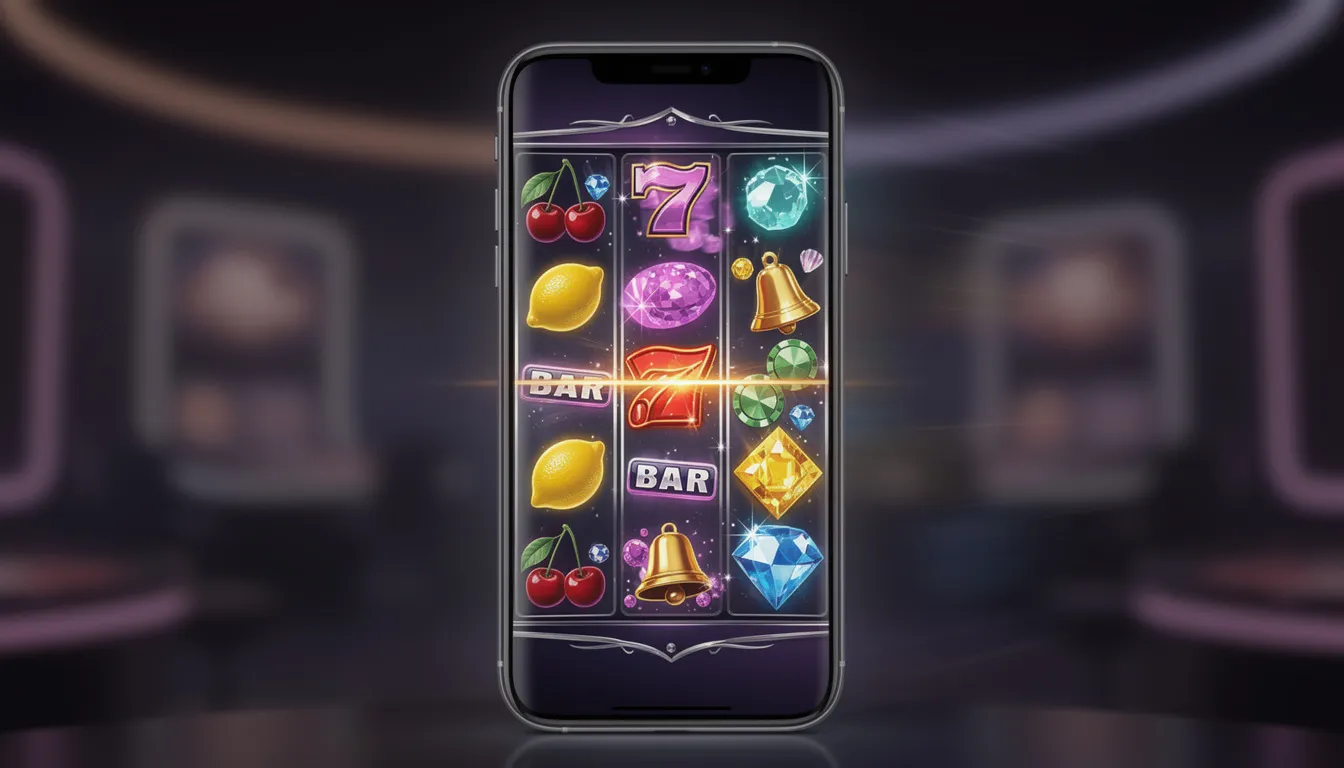 Smartphone displaying vibrant slot reels with fruits and scatter symbols.