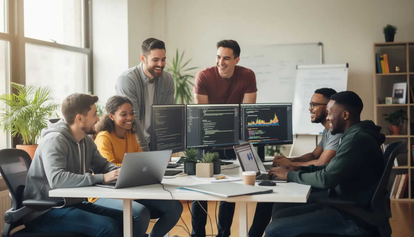 The image depicts a joyful team of software developers gathered around their computers, collaborating effectively to meet shared goals. They are engaged in discussions about document processing and utilizing tools like machine learning to handle unstructured data, showcasing their commitment to higher accuracy and efficient strategies and points of success on their project tables. 