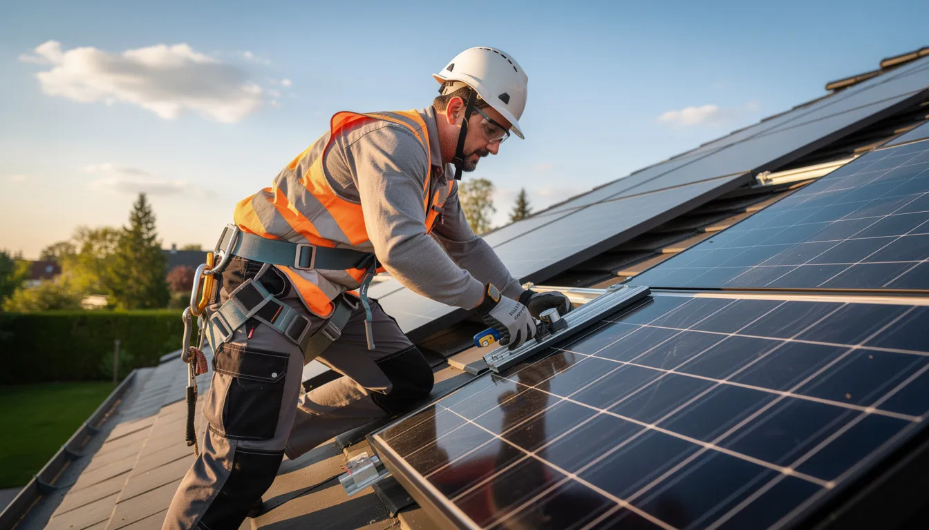 Na obrazie widoczny jest technik instalujący panele fotowoltaiczne na dachu domu jednorodzinnego w słoneczny dzień. Proces ten ma na celu zwiększenie efektywności energetycznej gospodarstwa domowego poprzez wykorzystanie energii odnawialnej i magazynowanie energii elektrycznej.