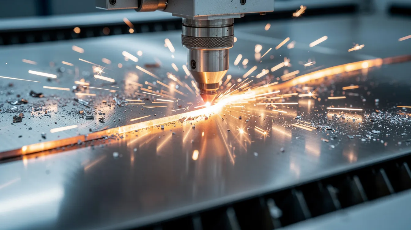 A close-up view of a CNC fiber laser cutting machine actively processing a flat sheet of stainless steel, with bright sparks flying from the cutting area. This image showcases the precision of the sheet metal fabrication process, highlighting the machine's capabilities in custom metal fabrication for various industries.