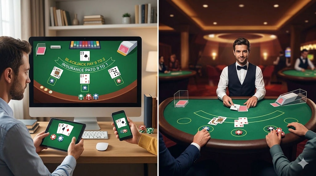 Blackjack online på dator och mobil jämfört med live casino där dealern delar kort till spelare vid bord
