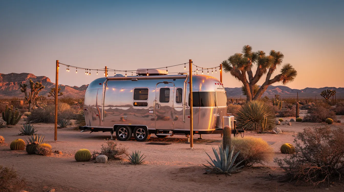 A polished silver Airstream trailer is parked in a serene desert setting, surrounded by desert plants and illuminated by string lights overhead, creating a cozy ambiance perfect for enjoying the expansive views of Joshua Tree National Park. This unique accommodation option offers a great place for travelers seeking a memorable experience in California's stunning desert landscape.