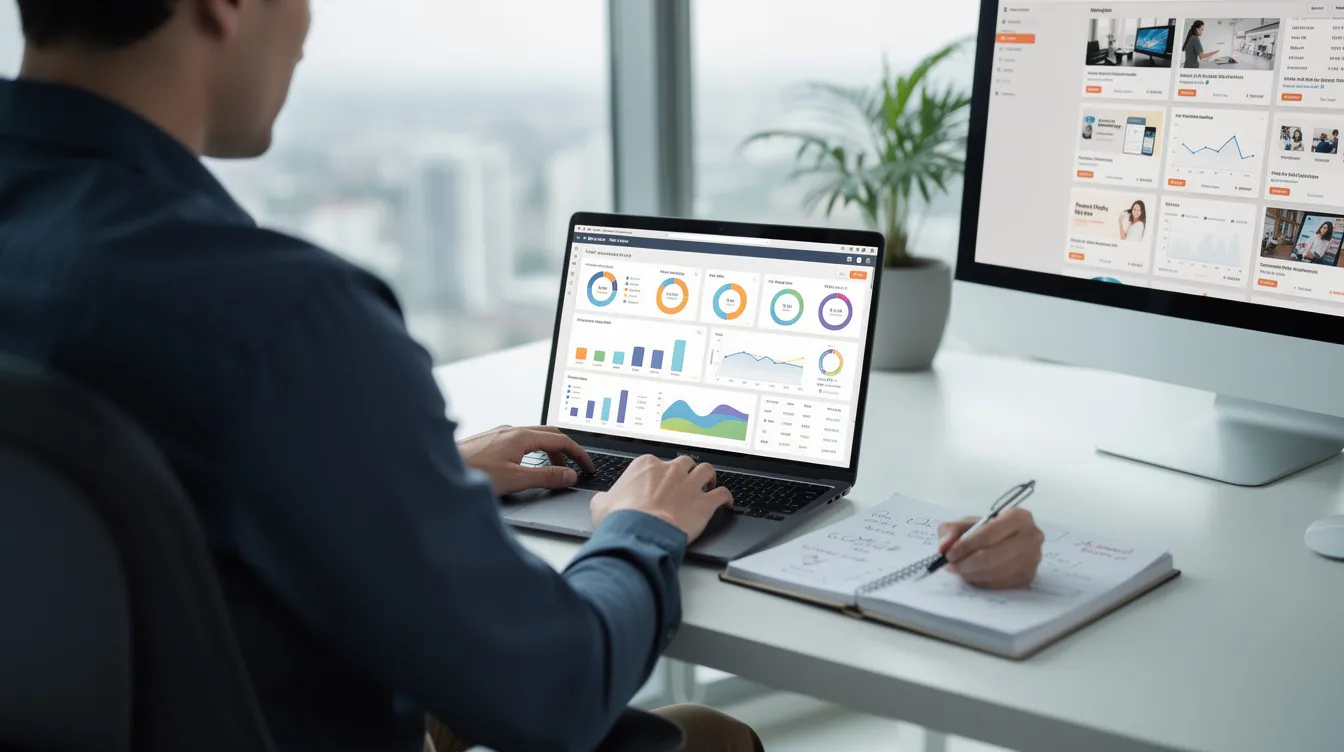 A person is sitting at a modern office desk, intently reviewing digital advertising data on a laptop, which may include insights from their Google Ads campaigns. The setting suggests a focus on optimizing ad spend and improving performance to drive sales and conversions for their business.