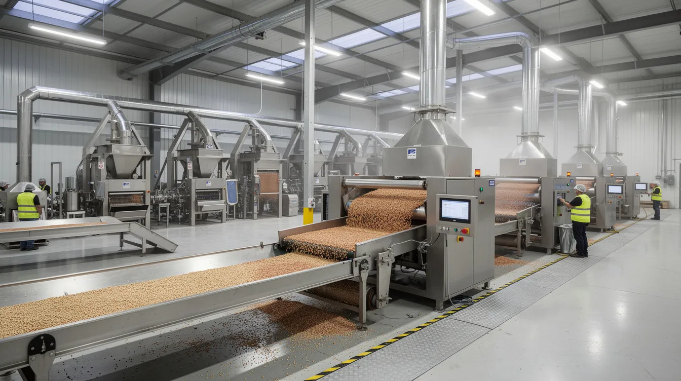 The image depicts an industrial pulse processing plant, showcasing advanced cleaning and grading machinery actively in operation. This facility plays a crucial role in the food processing industry, particularly in the processing of pulses like green gram and black gram, contributing to food security and supporting farmers through various government schemes and financial assistance.