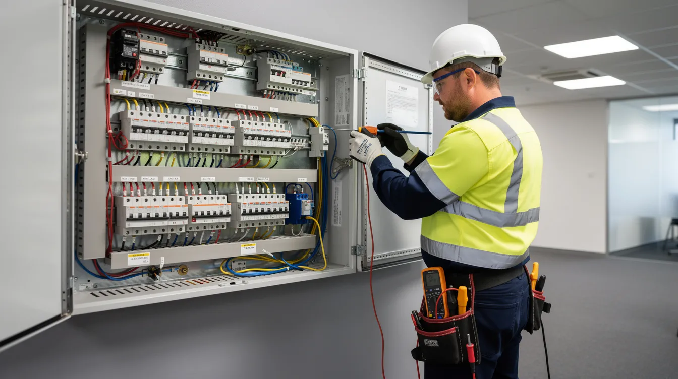 A licensed commercial electrician is diligently working on a large three-phase electrical panel inside an office building, ensuring that the electrical systems meet safety standards and function efficiently. This professional is performing essential maintenance and troubleshooting to address any potential electrical issues while enhancing the overall electrical services for the commercial space.