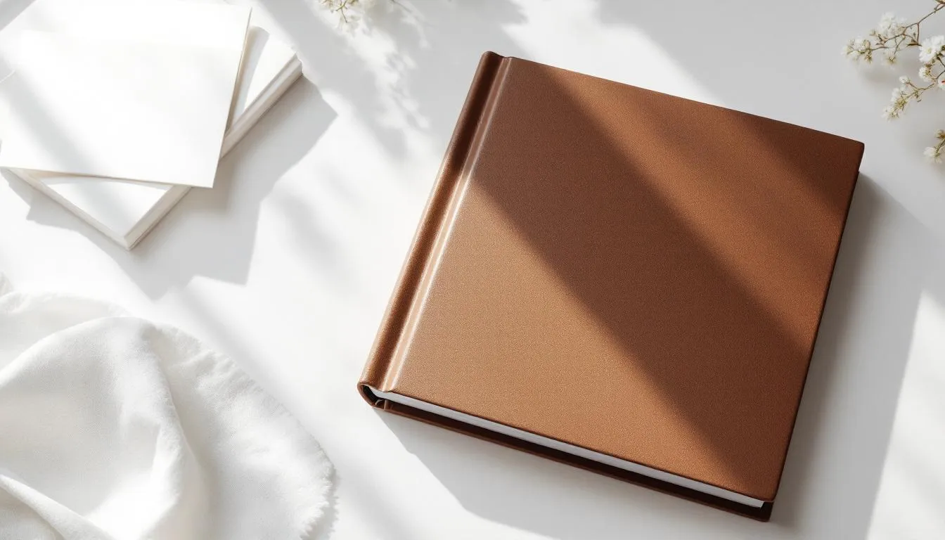 A romantic gift setup featuring a personalized photo book and heartfelt messages.