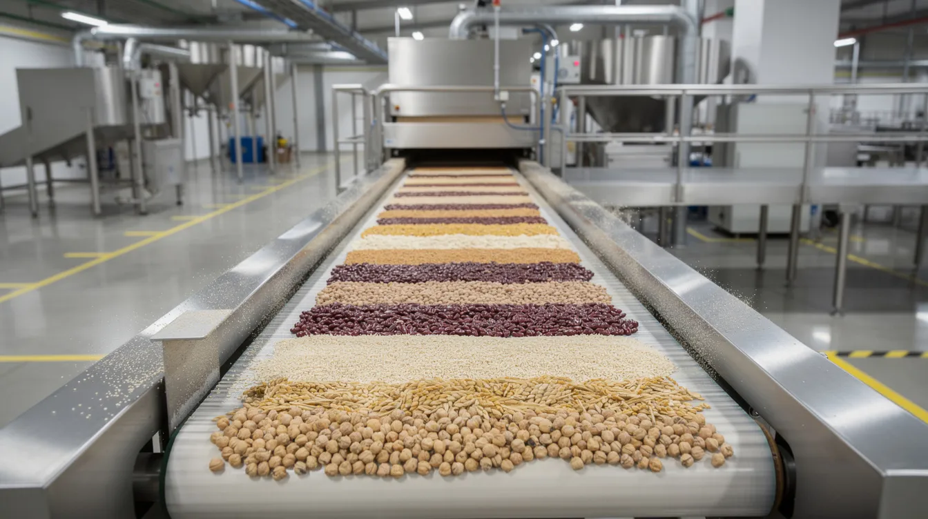 The image depicts an industrial conveyor belt in a pulses processing plant, transporting sorted dried pulses and grains, such as pigeon peas and yellow peas, through fully automated systems. The facility emphasizes consistent production quality and efficient cleaning and grading processes, catering to the growing consumer demand for nutritious plant-based protein products.