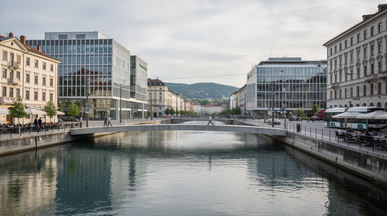 The image depicts a vibrant modern European city center featuring a scenic river and a bridge, symbolizing Ljubljana's financial district, where various financial institutions operate, including some of the best banks in Slovenia. This bustling area represents the heart of the Slovenian banking sector, offering a range of banking services and convenient access to personal accounts and mobile banking.