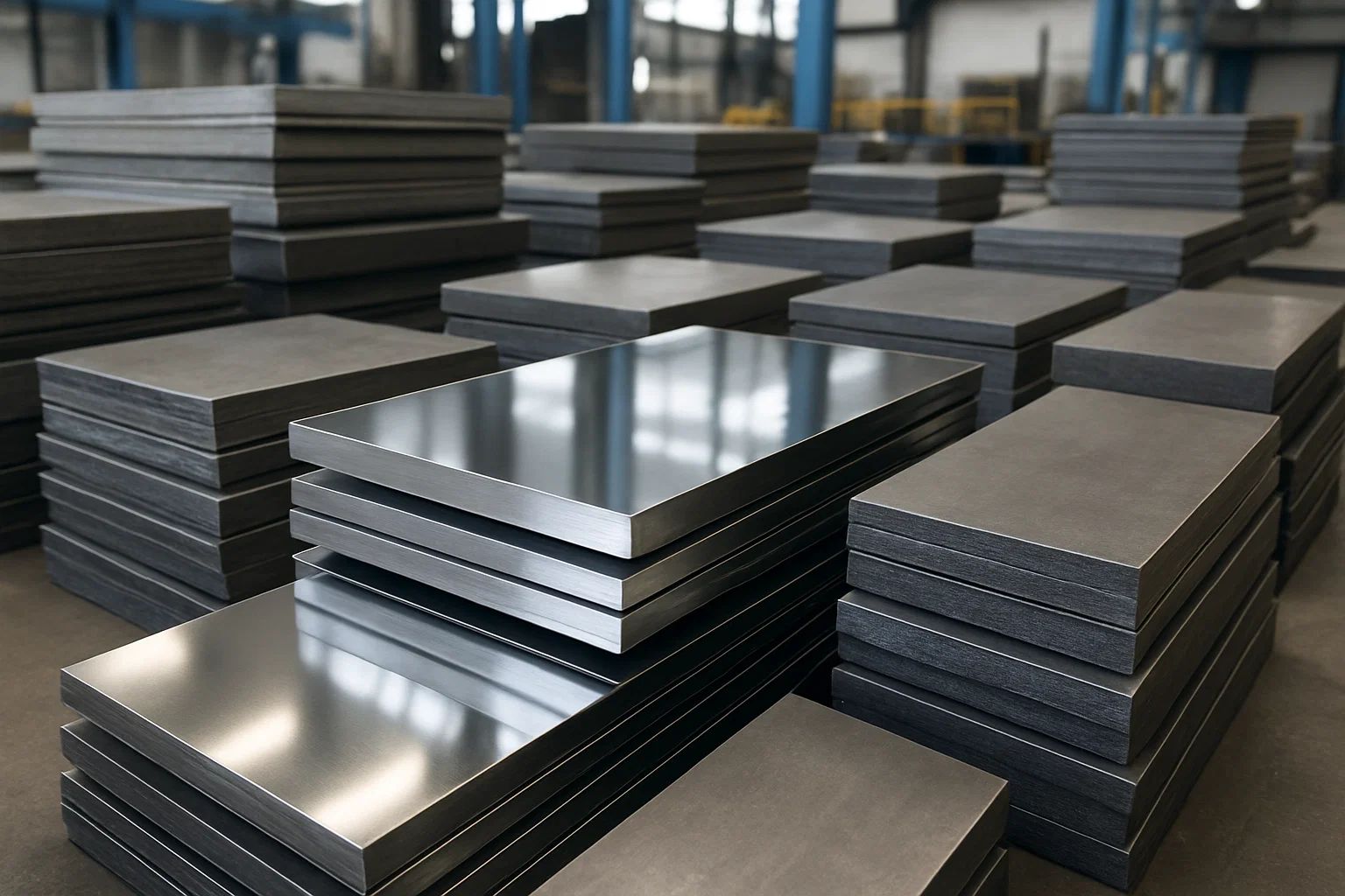 Steel and stainless steel sheets prepared for CNC profiling in an industrial fabrication environment.