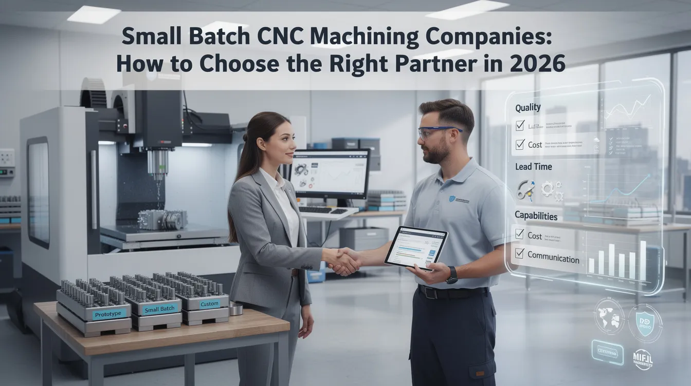 The image depicts a modern CNC machining facility showcasing advanced CNC machines used for small batch production. Various custom machined aluminum parts and components are displayed, highlighting the precision machining processes involved in producing high-quality, tight tolerance parts for industries such as automotive and aerospace.