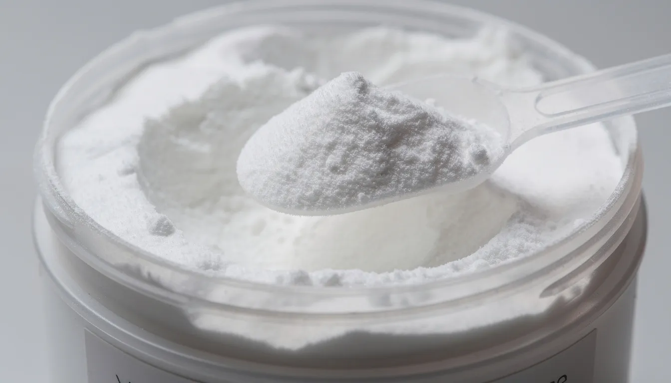 A close-up image shows a scoop of plain white creatine powder being taken from a container, emphasizing its role in creatine supplementation for muscle growth and athletic performance. This creatine monohydrate is commonly used in pre workout supplements to enhance exercise performance and increase muscle mass.