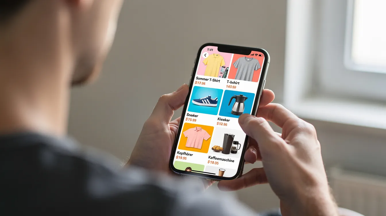Eine Person scrollt auf ihrem Smartphone durch eine bunte Shopping-App, die eine Vielzahl von Produktkacheln anzeigt. Die App bietet Informationen zu verschiedenen Artikeln, Bewertungen und Preisen, während der Nutzer nach interessanten Angeboten sucht.