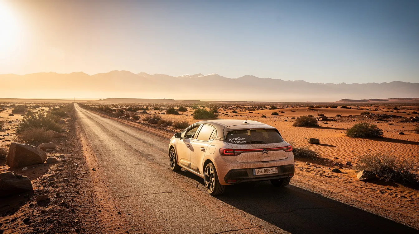 Une voiture de location traverse le désert marocain, entourée de dunes de sable doré et d'un ciel bleu éclatant. Ce road trip offre un confort exceptionnel et la possibilité d'explorer les paysages uniques du Maroc, tout en bénéficiant d'un service client de qualité pour la location de véhicules.