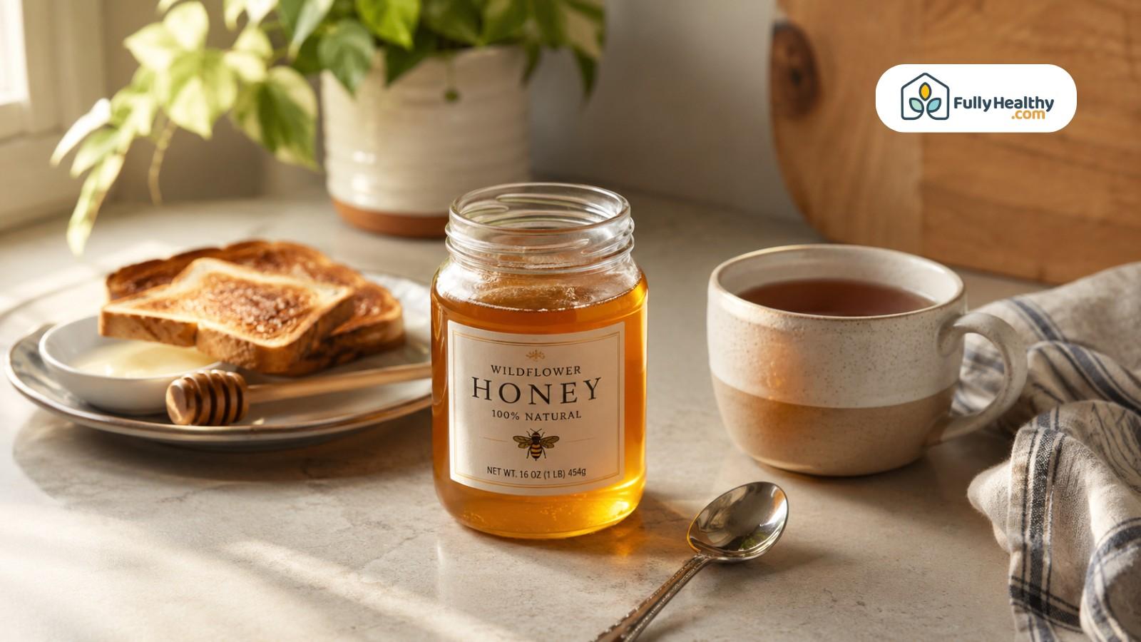 Jar of wildflower honey beside toast and tea in cozy kitchen setting