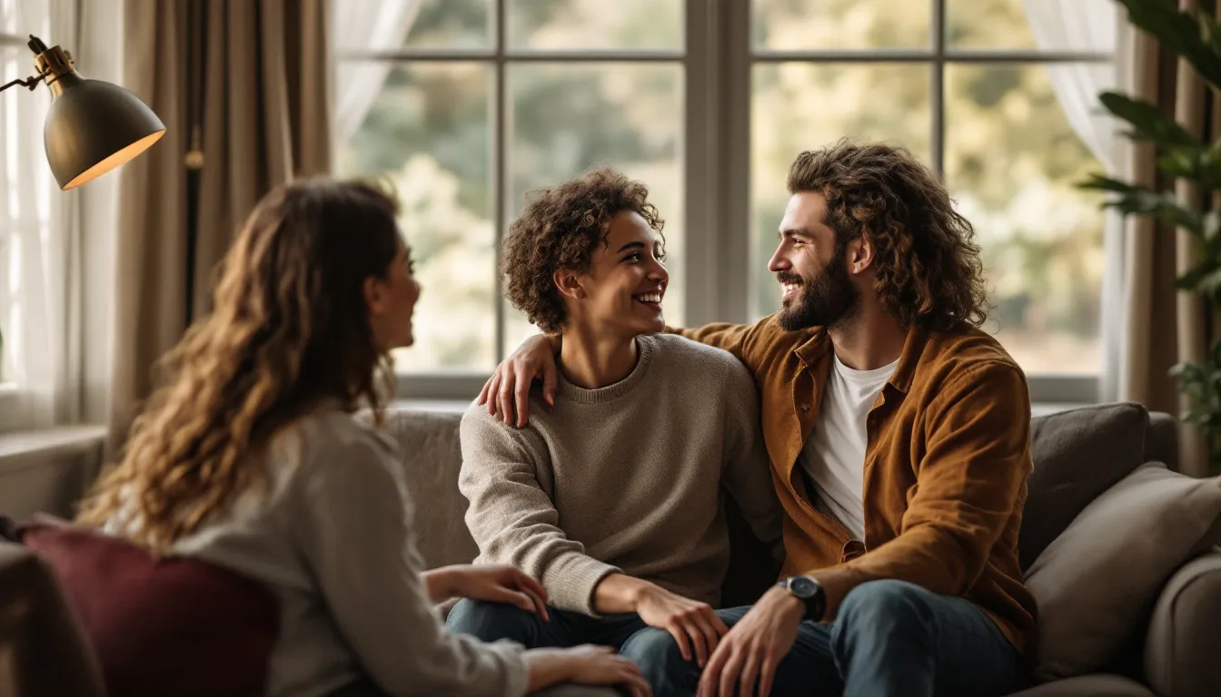 A couple discussing their engagement photo ideas with a photographer during a pre-shoot meeting.