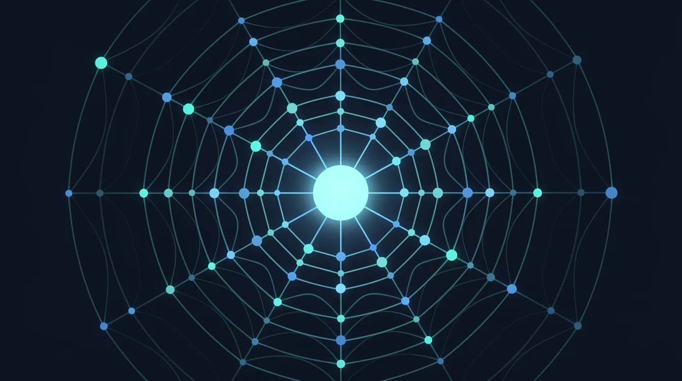 The image depicts an abstract network diagram with interconnected nodes radiating from a central hub, resembling a spider web structure. This visual representation symbolizes the complex relationships between web pages and search engines, illustrating how SEO strategies can enhance a website's search engine ranking and visibility.
