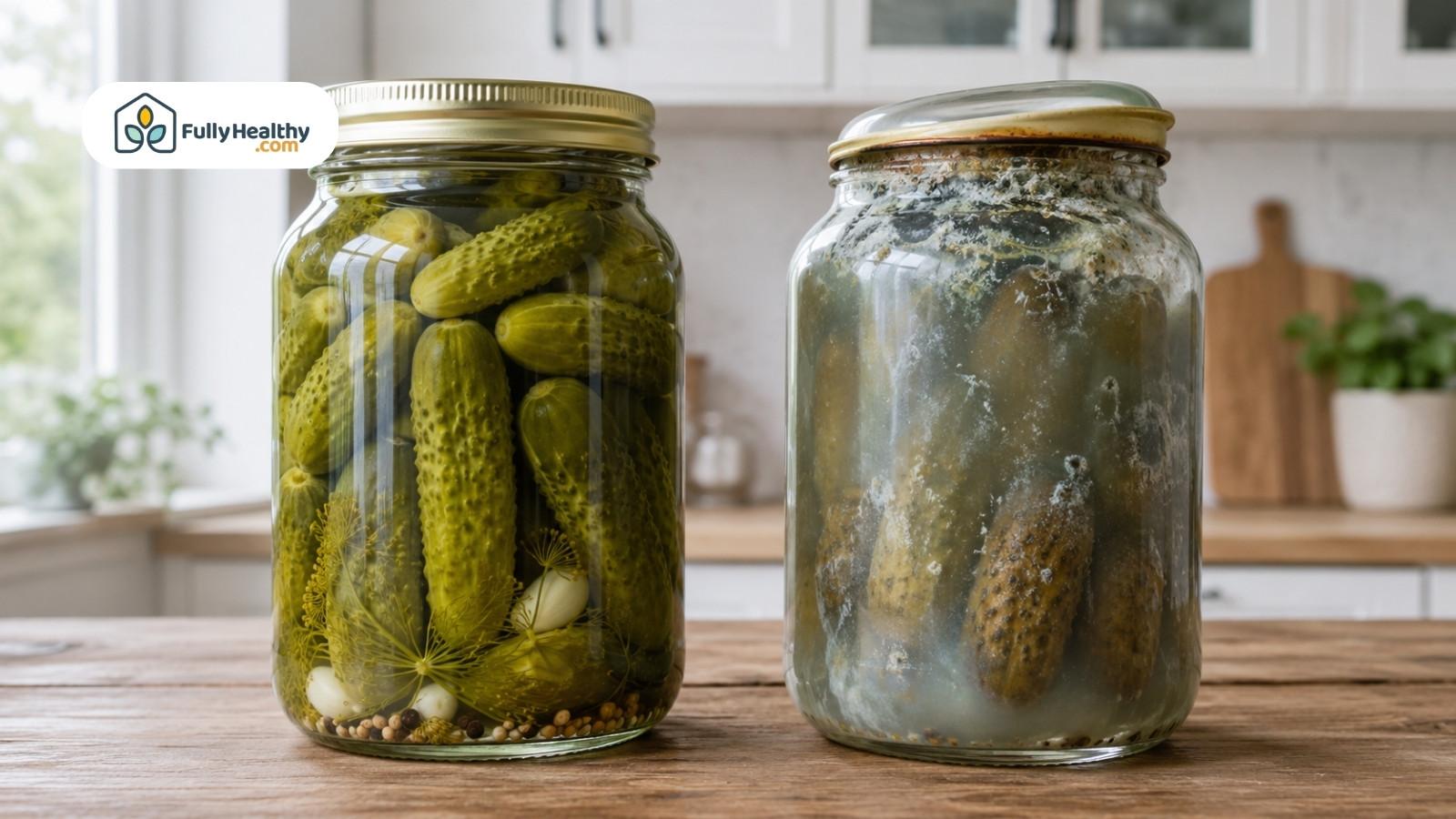Fresh and spoiled pickle jars compared on kitchen counter with visible moldy brine