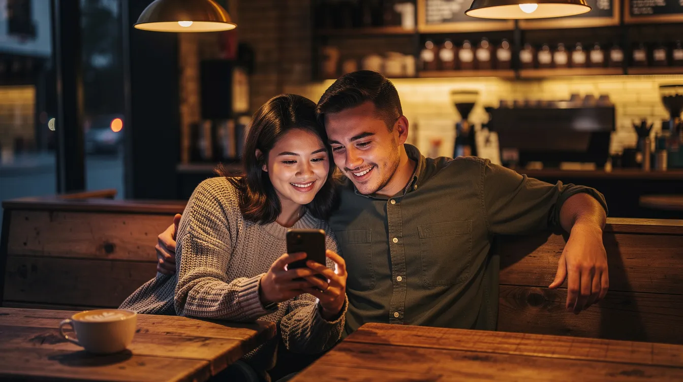 A couple sits closely together in a cozy coffee shop, sharing a smartphone while enjoying each other's company. Their relaxed demeanor suggests a strong emotional connection, indicative of a compatible relationship built on mutual support and shared interests.